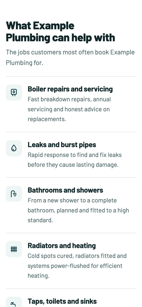 The example site further down: the list of services