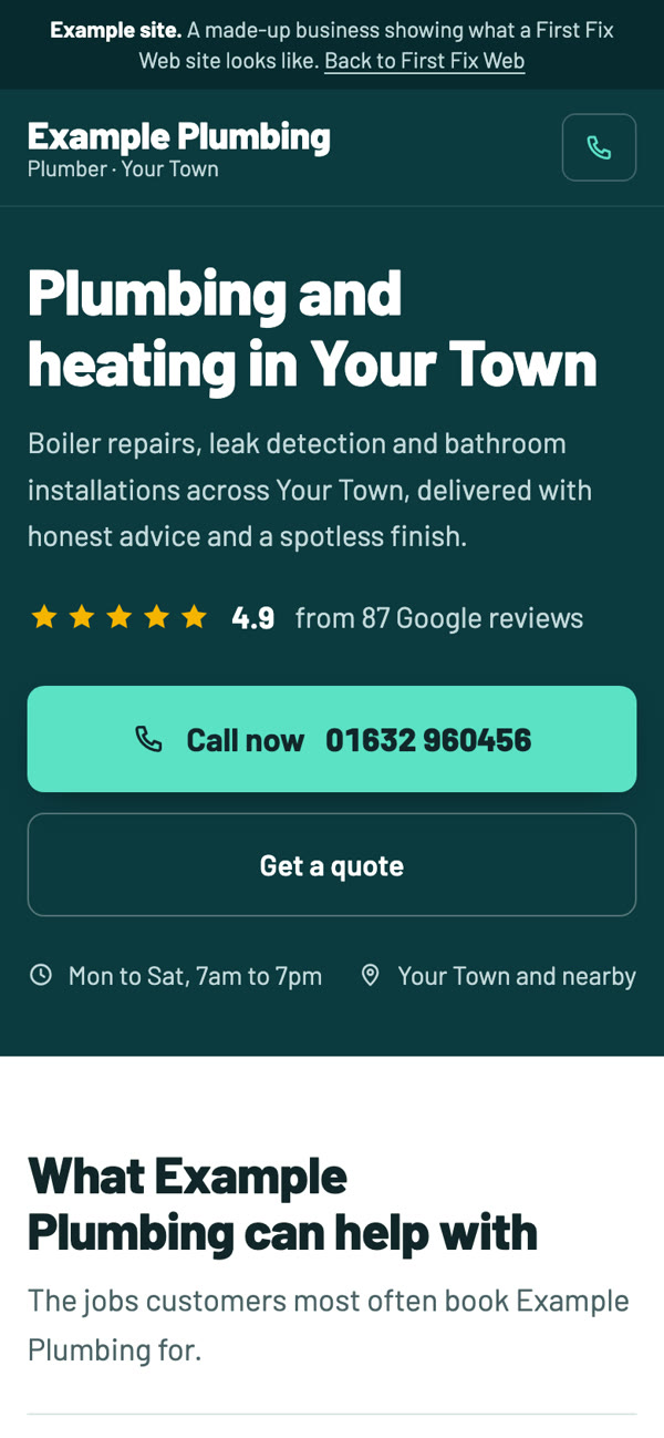 An example First Fix Web site for a made-up plumber, shown on a phone